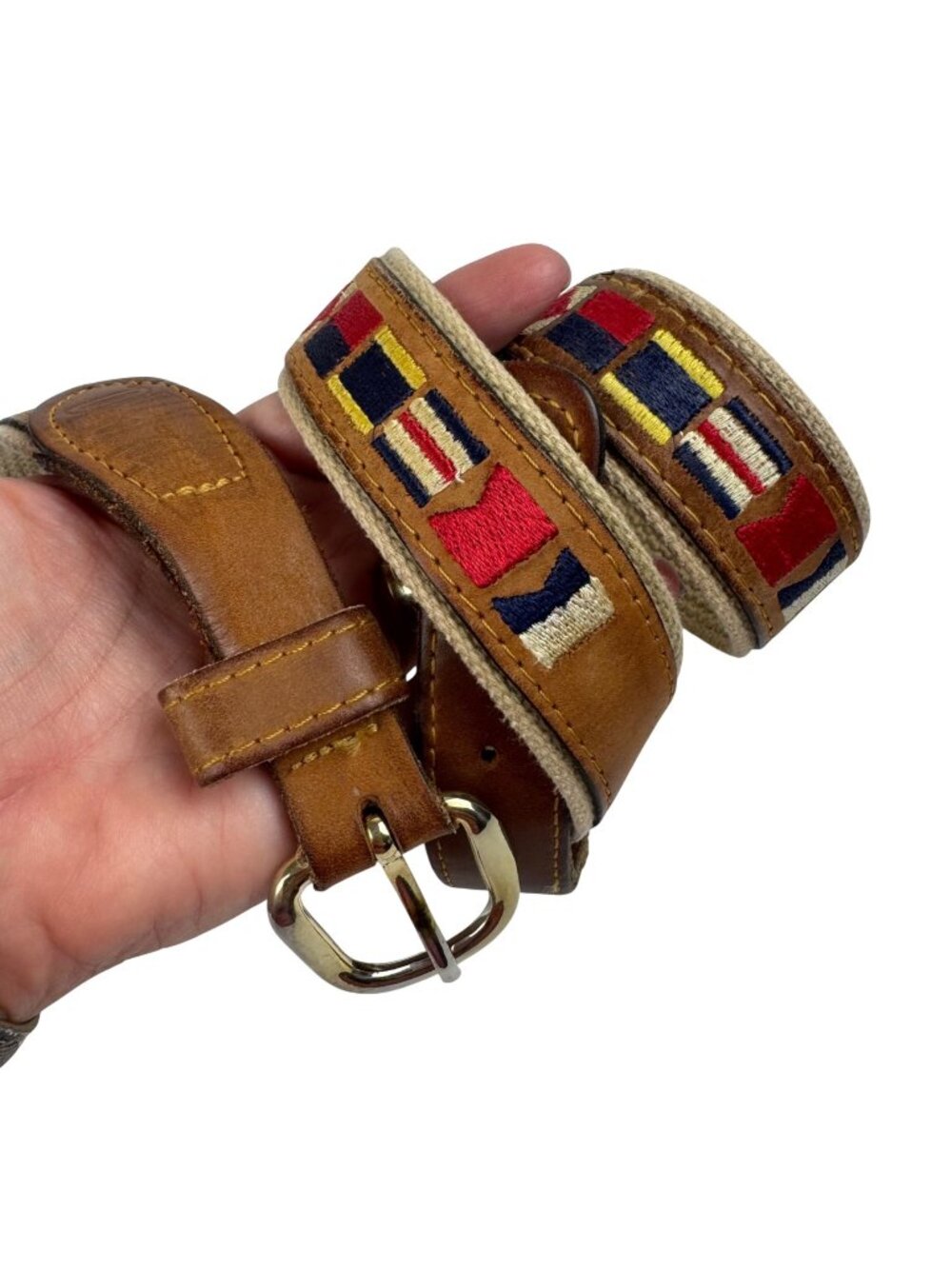 Zep-Pro Maritime Flags Leather Canvas Belt Sz 38 Brass Red Blue Nautical Sailing